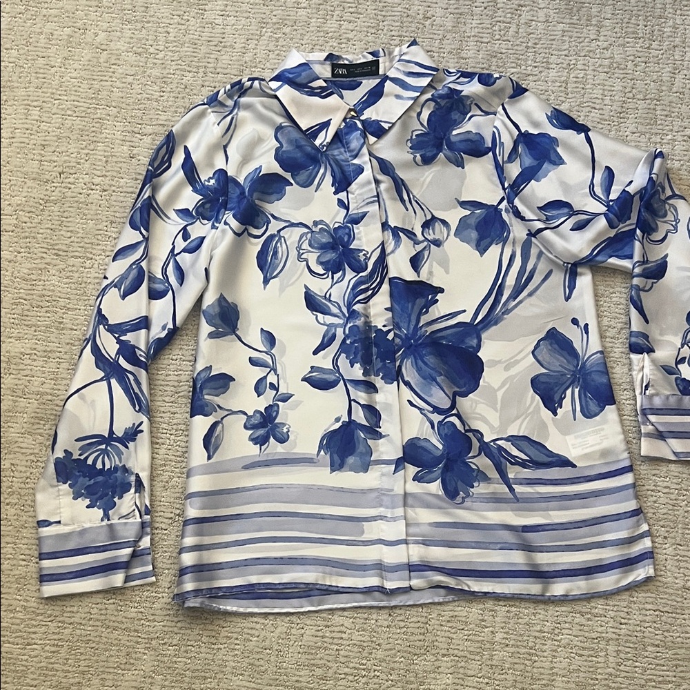 Zara Blue Floral Sheer Blouse